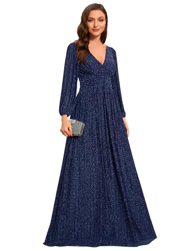 Ever-Pretty Women's V Neck Ruched High Waist Long Sleeves Floor Length Glitter Evening Dresses Emperador US20 Navy Blue