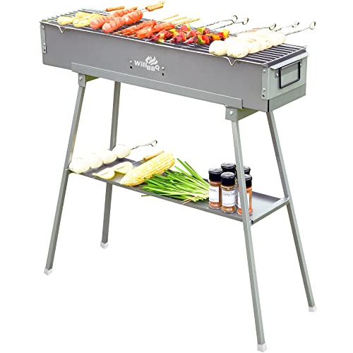 WILLBBQ Charcoal Grills Commercial Quality Portable Multiple Size Hibachi BBQ Lamb Skewer Folded Camping Barbecue Grill for Garden Backyard Party Picnic Travel Outdoor Cooking Use(31.6x7.1x5.1 inch)