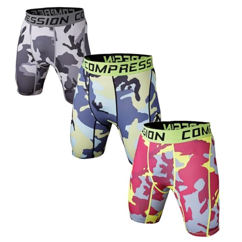 Holure Men's 3 Pack Sport Compression Shorts Mens Underwear Spandex Shorts Workout Running,Gray,Blue,red,Camo,03-M