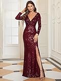 Women's Sequin Dress Long Sleeve High Thigh Slit Evening Gowns Burgundy US10