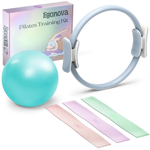 EgoNova Pilates Ring Set: 14-Inch Magic Circle with Dual Padded Handles, Pilates Mini Ball, and Resistance Bands (15, 25, 35 lbs) for Strength, Flexibility, Stability, and Body Toning (Blue)