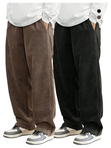 SOLY HUX Men's 2 Piece Corduroy Pants Drawstring Elastic Waist Straight Leg Baggy Pants with Pockets Brown and Black Medium