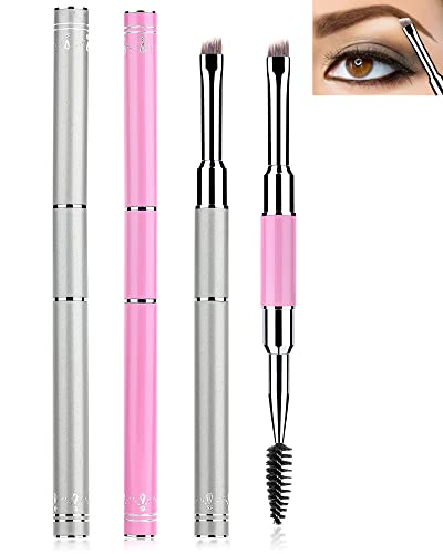 Duo Eyebrow Brush - 2Pcs Pro Premium Quality Double Ended Eyebrow Brush & Spoolie, Angled Brow Brush with Lid for Precision Application & Blending of Eye Brow Powders, Waxes & Gels - Pink & Grey