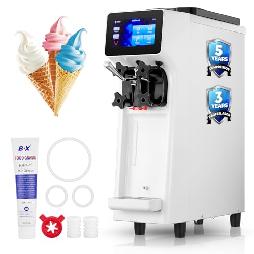 Commercial Ice Cream Machine, 1000W, 2.6-5.3 Gal/h Soft Serve Ice Cream Machine with 4L Hopper & 1.6L Cylinder, Pre-Cooling & Auto Clean, Touch LCD for Snack Restaurants Bars (white, standard)