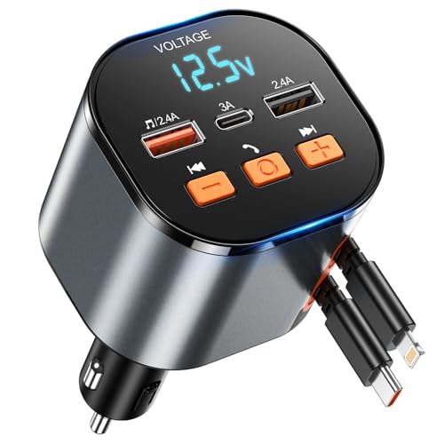 Retractable PD 30W Type-C and for iPhone Lightning Charger with Bluetooth 5.3 Car Adapter, FM Transmitter, Hands-Free Calling, MP3 Player, LED Display, and USB Support, Best Car Accessories for Phone