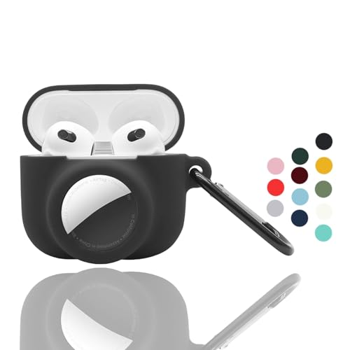 [ 2 in 1] Anti-Scratch Anti-Fall Anti-Lost Cover Compatible with AirPods 3rd Generation and AirTag, Soft Silicone Case with Carabiner for Women Men