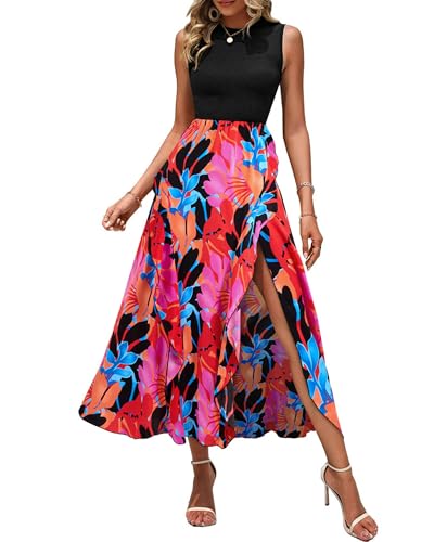 BTFBM Women Casual Sleeveless Summer Dresses 2025 Spring Crewneck Patchwork Boho Floral Ruffle Cocktail Party Midi Dress(Big Floral Multicolor, Small)