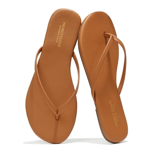 Project Cloud Flip Flops for Women - Memory Foam Flats Summer Sandals for Women 2025 - Vegan Leather Lightweight Womens Sandals Summer Beach Essentials Slides (Foundations, Cognac, 6.5)