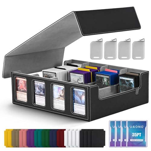 UAONO Trading Card Storage Box with Commander Display; 2400+ Deck Box for MTG with Removable Cover; Toploader Card Case fits Magic TCG PTCG Sports Cards; 24 Dividers, 4 Stoppers (Black, Grey)