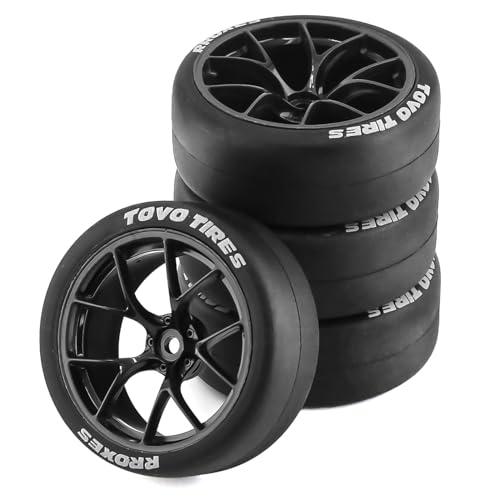 Chanmoo 1/10 RC Drift Tires and Plastic Wheels Rims Rally Racing Tyres 12mm Hex for 1:10 Scale On Road Touring Street Car Tamiya Traxxas HPI KYOSHO XV02 XV01 TT01 TT02 PTG2 A959 4PCS (B Black)
