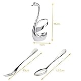 Mydears Swan Base Coffee Cutlery Decor Fruit Fork 7 pcs Stainless Steel Dinnerware Set - 14pcs (2 Swan Base Holder, 6 Forks, 6 Spoons) - Formal Flatware Set - Silver, Polished - Dishwasher Safe