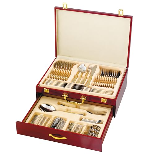 Gold Flatware Serving Set, "Greek Medusa" 75-Piece Dining Service for 12, 18/10 Premium Surgical Stainless Steel, 24K Gold-Plated Trim, Silverware Cutlery Hostess Set, Wood Storage Case (Greek)