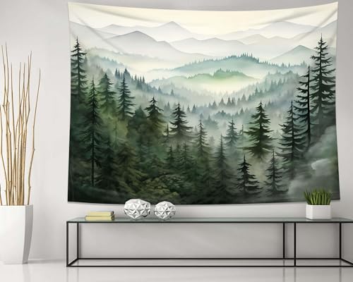 QGHOT Misty Forest Tapestries, Mountain Nature Tapestry Wall Hanging, Landscape Art Tapesty for Bedroom Living Room College Dorm Decoration Wall Hanging 90x70in