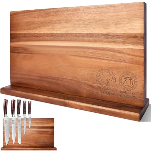 XYJ Extra Large Magnetic Knife Block Acacia Wood Knife Set Holder Stand With Stronge Magnetic Strip Kitchen Knives Storage Rack Organizer Tools No Drilling