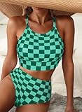 Herseas Womens Tankini Sets High Neck Top Floral Print Bikini Bottom High Rise 2 Pieces Swimsuits Cute Teen Tummy Control Green Checkerboard Bathing Suits Medium