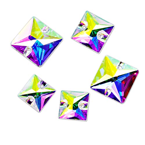Dongzhou Sew On Rhinestones Flat Back Rhinestone with Holes Square AB Crystal for Clothes Dress Crafts Sewing Beads Shoes DIY Decorations Mixed Shapes K5 Crystal Mixed Shapes