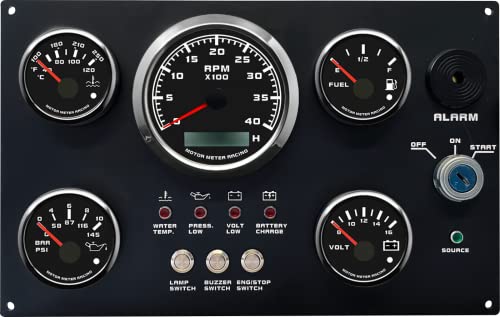 MOTOR METER RACING W Pro Series 5 Gauge Set Instrument Panel 85mm 3-3/8" Tachometer 52mm 2-1/16" Volt 12V Fuel Level Water Temperature & Oil Pressure Black Dial White LED Marine Boat Yacht Waterproof