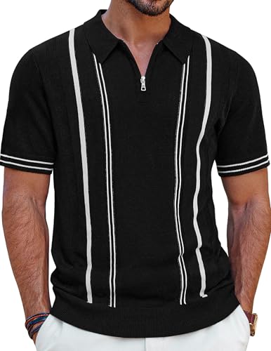 Men's Zipper Polo Shirts Striped Vintage Short Sleeve Knit Golf Polo Summer Shirt Black