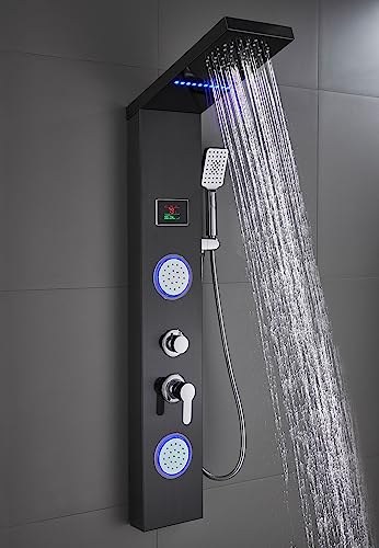 ELLO&ALLO Shower Panel System Tower, LED Rainfall and Mist Head Rain Massage Stainless Steel Bathroom Fixtures with LED Body Jets, Brushed Black