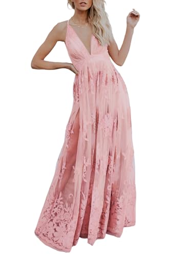 Dokotoo Womens Long Formal Dress Embroidered Lace Mesh Sexy Deep V-Neck Backless High Slit Beach Wedding Dresses Boho Evening Party Prom Dress Pink Medium