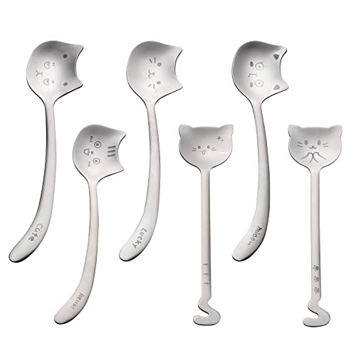 VESJUNO Cute Cat Shaped Dessert and Ice Cream Spoons - 6pcs Stainless Steel Stirring Spoons Set