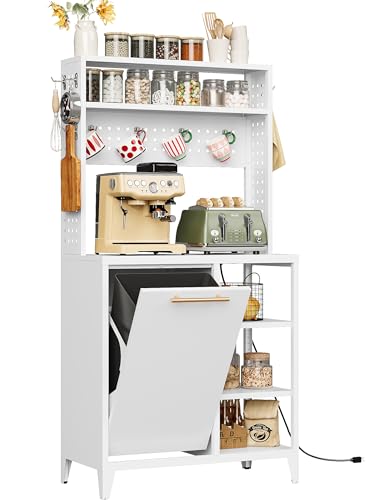 SISESOL Baker's Rack with Trash Can Bin Cabinet and Power Outlet,63" Microwave Stand Cabinet with 6 Hooks, 6 Tier Kitchen Tall Coffee Bar Station with Storage Shelf (White)