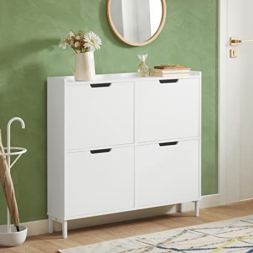 Haotian Shoe Cabinet with 4 Flip-Drawers, Narrow Shoe Rack, Slim Shoe Organiazer Entryway White, FSR100-W