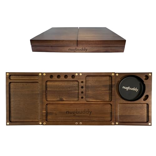 Nugbuddy Wooden Rolling Tray - 3 in 1 Folding Design Set with Magnetic Lid - Big & Small Trays + Removable Metal Tray - Portable Accessory Kit for Car, Travel & Home - Premium Acacia Wood