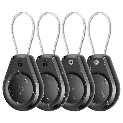 Waterproof AirTag Keychain Holder - (4 Pack) Air tag Lock Case with Wire Cable Compatible with Apple AirTags, Ultra Durable Anti-Lost Protective Case with Keyring for Luggage, Key, Backpack, Black