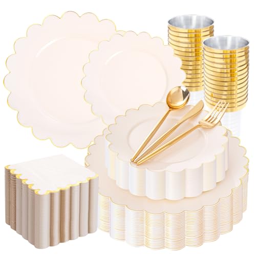 LIYH 210pcs Plastic Disposable Dinnerware Set - Ivory Plastic Scalloped Plates, Gold Foil Paper Napkins Include Bridal Shower Plates Gold Plastic Silverware Napkins Cups for Birthday 30 Guests
