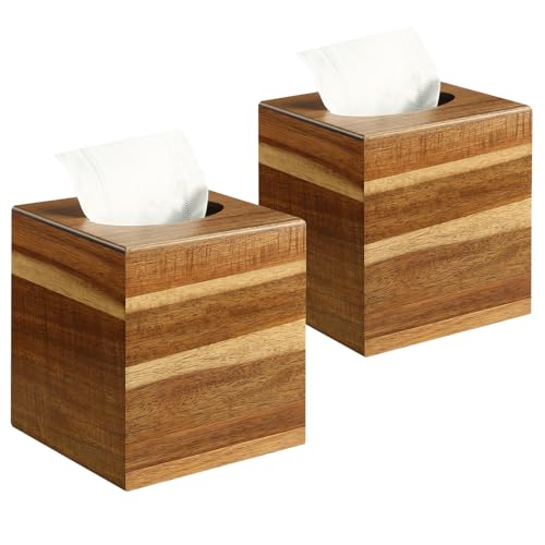 2 Pack Wooden Tissue Box Cover Square - Acacia Wood Tissue Box Holder for Tabletop Stands Bathroom Office- Decorative Facial Wood Tissue Box Cover for Modern Farmhouse Decor
