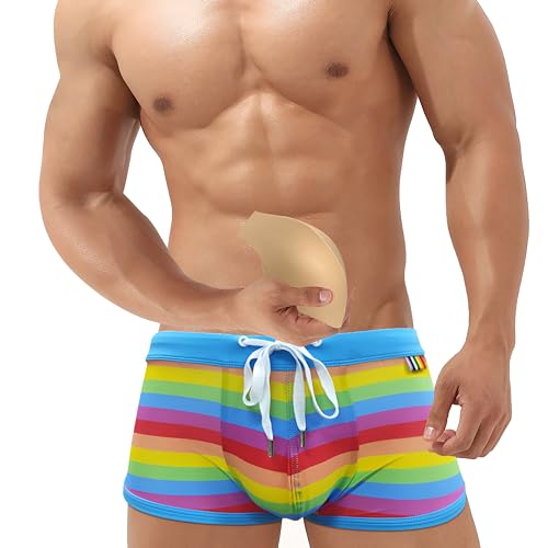 Sipumia Men's Square Leg Swimwear Pride Rainbow Swim Briefs Bikini Board Surf Shorts Boxer Swimming Trunks Stripe LGBT Pride-01 M
