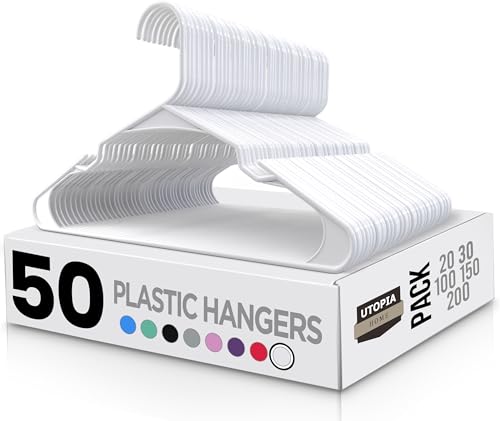 Utopia Home - Plastic Hangers 50 Pack - Perfect Space Saving Clothes Hanger - Durable and Strong Closet Organizers and Storage Makes It Ideal Dorm Room Essentials for Girls or Guys (White)