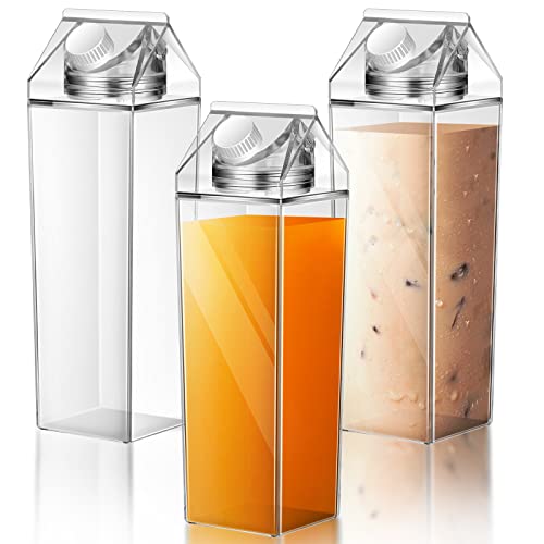 Remerry 3 Pcs 34oz Milk Carton Water Bottle Square Plastic Coffee Portable Reusable Milk Carton Cup Leakproof Juice Bottle(Clear)