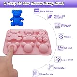 2 Pack Cute Bear Molds Silicone 6 Cavity 3D Cartoon Bear Themed Baking Mould Tray DIY Tool for Baby Shower Birthday Party Chocolate Cake Mousse Pastry Soap Crayons Cupcake Topper