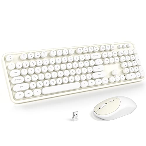 KNOWSQT Wireless Keyboard and Mouse Combo - White-Milky Full-Sized 2.4 GHz 104 Keys Typewriter Cute Keyboard, Round Keycap and Optical Mouse for Windows, Computer, PC, Laptop, Desktop