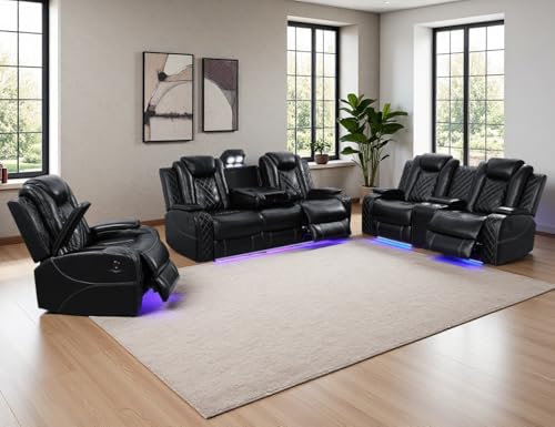 Anthato Black Leather Power Recliner Set with LED Lights, 3-Piece Recliner Sofa Loveseat Chair with Coffee Table/Storage/Charging Port, Modern Reclining Furniture for Living Room/Home Theater/Office