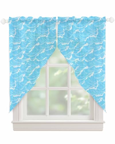 ARTSHOWING Corrugation Swag Valance Curtains Sheer Rod Pocket Kitchen Valance Scalloped Small Window Curtain Abstract Summer Ocean Waves Blue Short Swag Topper for Living Room Bedroom 36"x63"x2