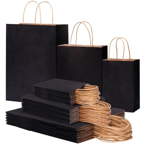 OUTUXED 120pcs Paper Bags with Handles Assorted Sizes Kraft Black Paper Gift Bags Bulk 3 Mixed Sizes for Retail, Party, Birthday, Gift, Shopping, Business, Merchandise