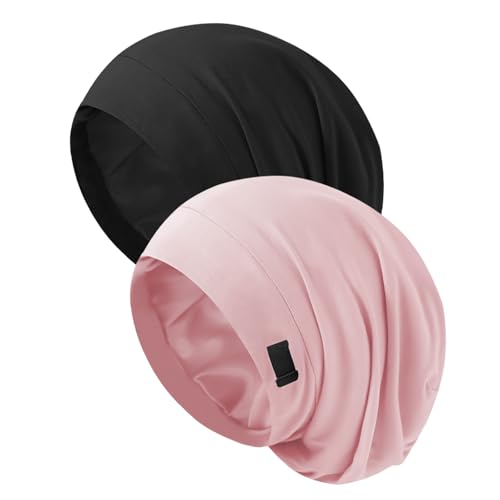 Silk Bonnet for Sleeping Women, Adjustable Silky Satin Lined Sleep Cap, Silk Hair Wrap for Sleep Night Cap for Natural Curly Hair 2PCS(Black&Pink)