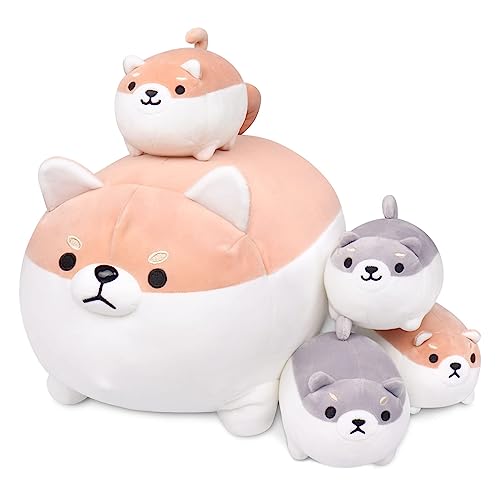 Shiba Inu Plush, 5 PCS Shiba Inu Stuffed Animal Family, 15.8" Corgi Plushie Cute Soft Plush Pillow Toy Anime Kawaii Plush Soft Corgi Pillow,Dog Mommy with 4 Puppies Plush Toy Gifts for Boys Girls