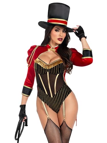 Leg Avenue 2 PC Ravishing Ringmaster, includes gold trimmed garter teddy with snap crotch and attached velvet tail coat, and top hat, MULTICOLOR, XS