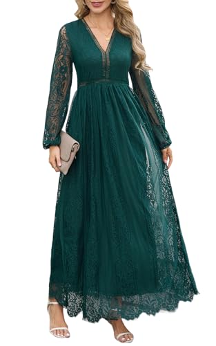Cercis Women V-Neck Long Sleeve Floral Lace Formal Maxi Dress Spring Fall Flowy Wedding Party Long Dresses Dark Green