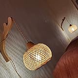 Frideko Bamboo Lantern Plug in Wall Sconces Wicker Wall Lamp with Plug in Cord Hand Woven Rattan Wall Light Farmhouse Rustic Wall Sconces Boho Sconces Wall Lighting for Living Room Bedroom