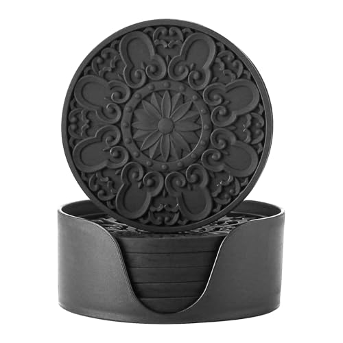 Colinda Silicone Coasters - Set of 6 with Holder, Non-Slip Cup Mats for Hot and Cold Drinks, Decorative Designs, Gift Ready Packaging,Black