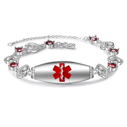 Ahgmeside Personalized Medical Alert Bracelet for Women - Custom Medical ID Bracelets for Wife Engraved Medic Info Adjustable Emergency Medical Alert Bracelet for Family Her Mom (Red)