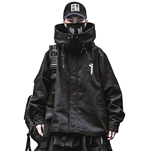 Niepce Inc Japanese Streetwear Zip Up Windbreaker Jacket for Men (Black, L)