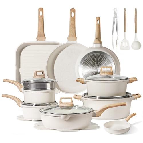 CAROTE 22pcs Pots and Pans Set Nonstick, Cookware Set White Granite Induction Kitchen Cooking Set w/Frying Pans & Saucepans& Grill Pan(PFOS, PFOA Free)