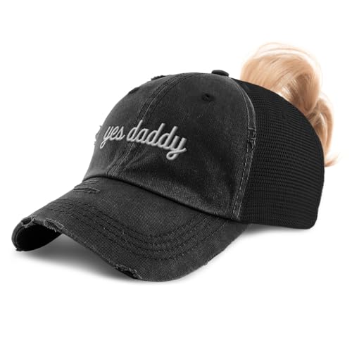 Womens Ponytail Cap Yes Daddy Embroidery Cotton Distressed Trucker Hats Strap Closure Black Design Only