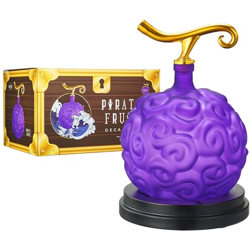 Anime Devil Fruit Whiskey & Wine Decanter, 34oz Supernatural Powers Pirate Devil Colored Barware - Merch, Purple Gold Fruit, One Decanter -Beautiful Mahogany Wood Base Piece Holder Liquor, Scotch, Rum